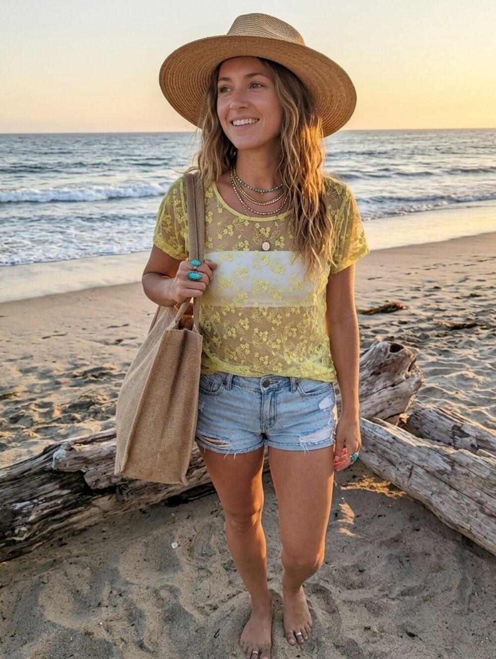 Anthropologie Velvet By Graham & Spencer Lace Mesh Top L Lemon Yellow Boho Beach